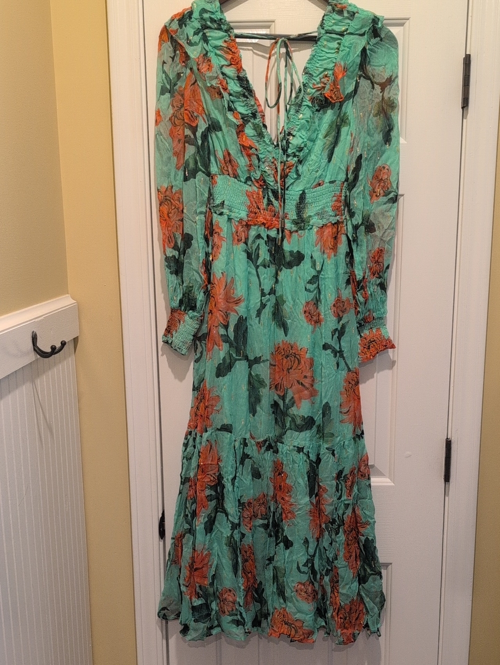 Anthropologie Floral Ruffle Maxi Dress in Aqua and Coral with Gold Details